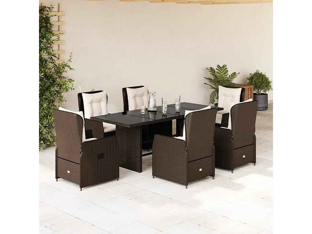 Ensemble à manger de jardin et coussins 7 pcs marron rotin