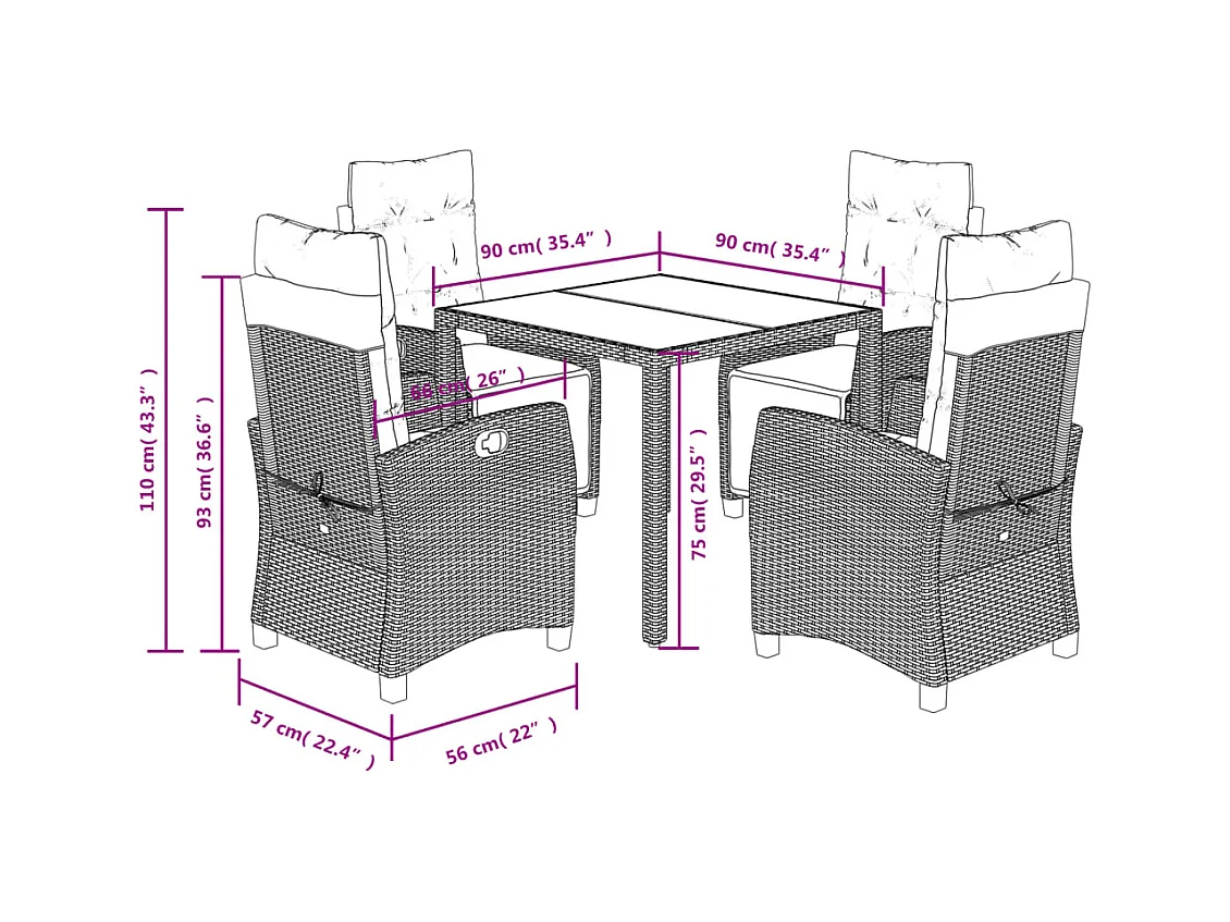 Ensemble à manger de jardin coussins 5pcs Noir Résine tressée