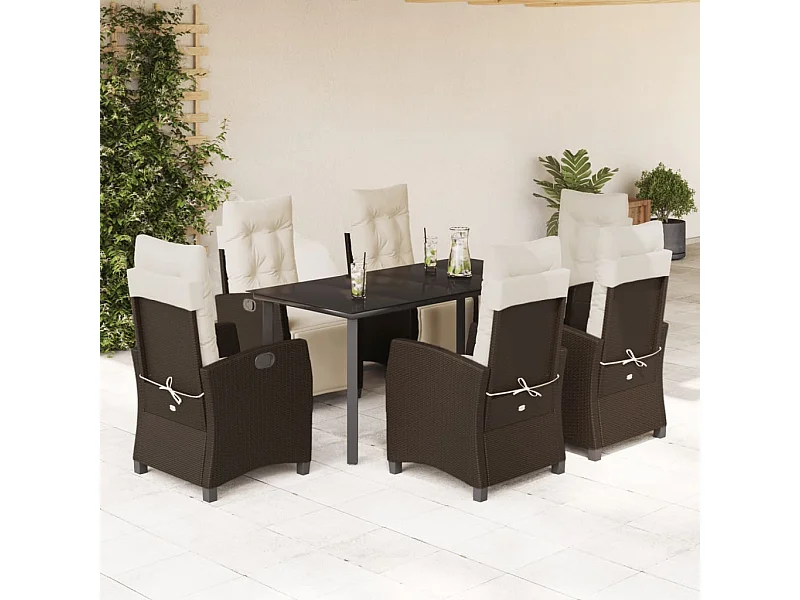 Ensemble à manger de jardin et coussins 7 pcs marron rotin