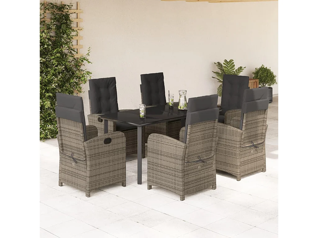Ensemble à manger de jardin et coussins 7 pcs gris rotin
