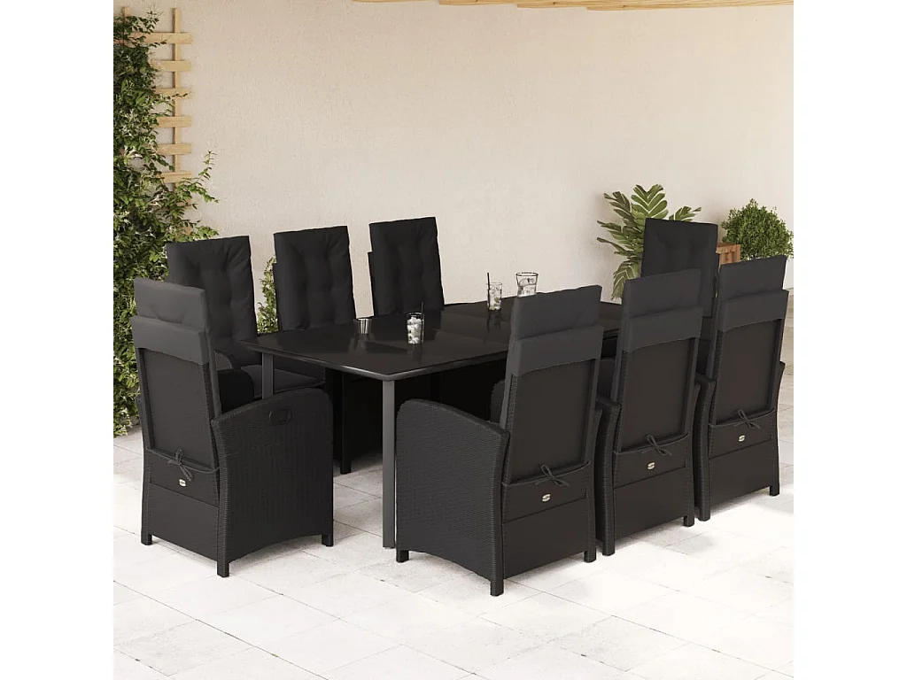 Ensemble à manger de jardin 9pcs coussins noir résine tressée