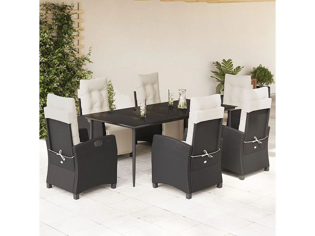 Ensemble à manger de jardin coussins 7pcs Noir Résine tressée