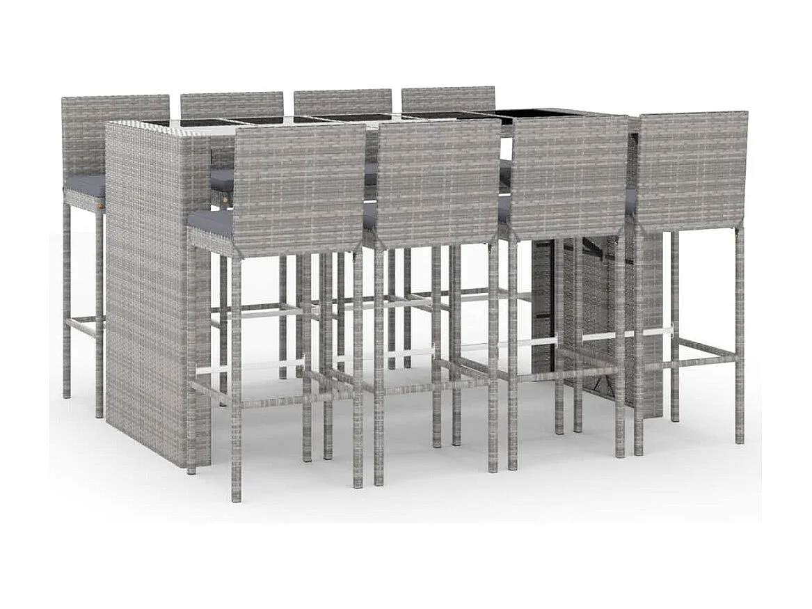 Ensemble de bar de jardin 9 pcs avec coussins gris poly rotin