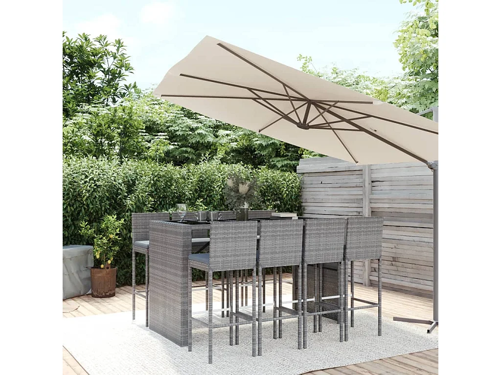 Ensemble de bar de jardin 9 pcs avec coussins gris poly rotin
