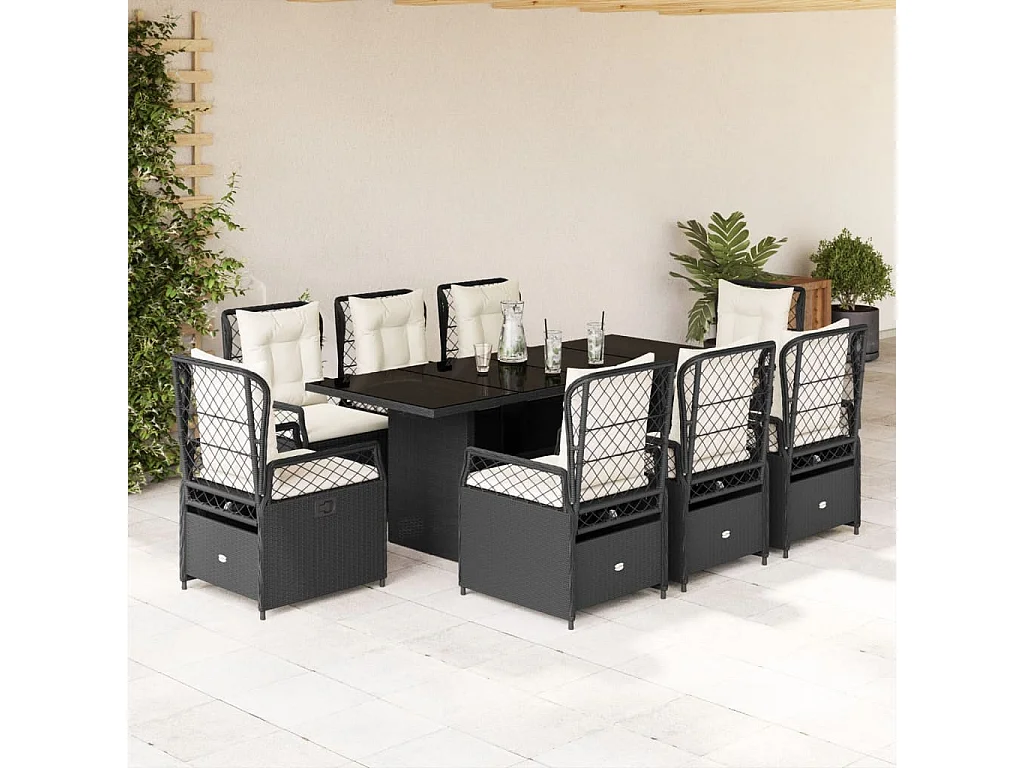 Ensemble à manger de jardin 9pcs coussins noir résine tressée