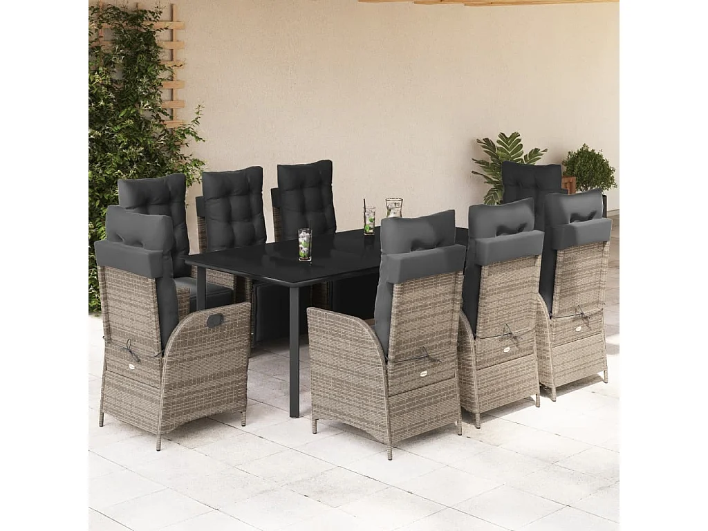 Ensemble à manger de jardin 9 pcs coussins gris résine tressée