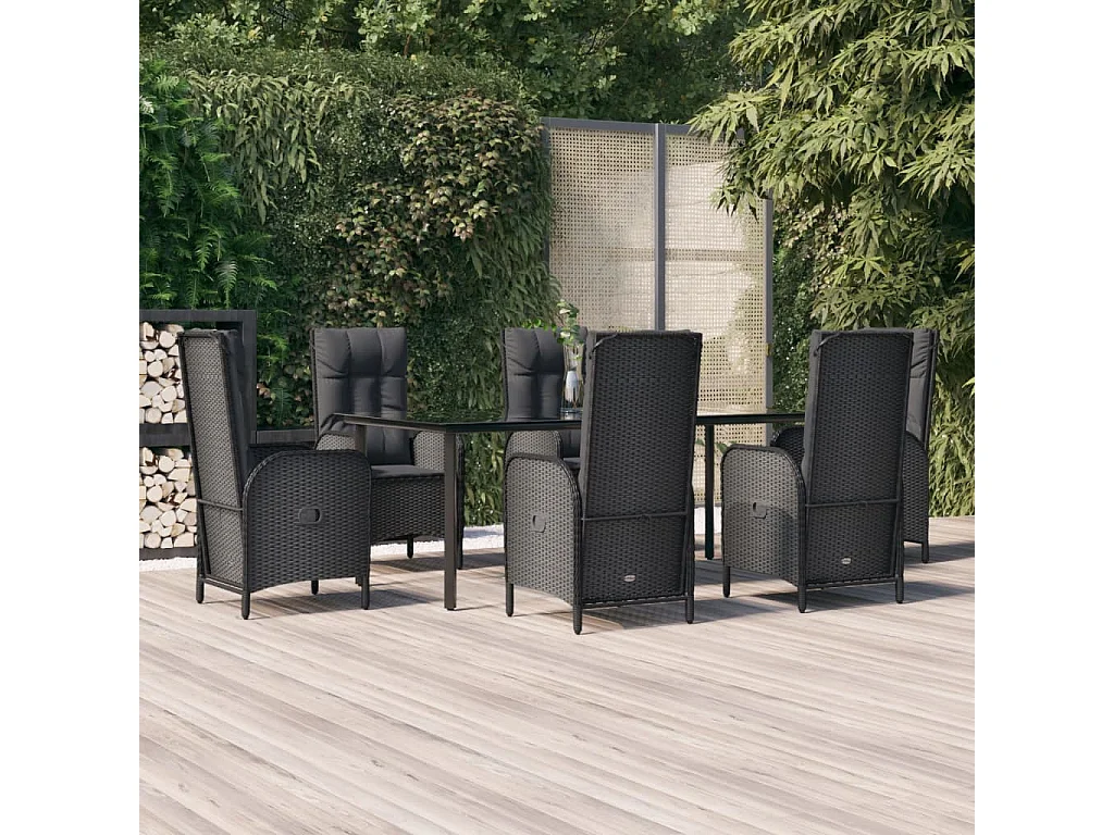 Ensemble à manger de jardin coussins 7pcs Noir Résine tressée