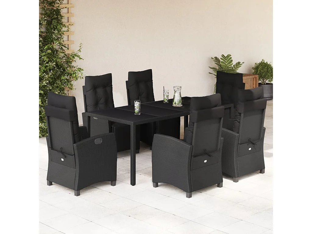 Ensemble à manger de jardin coussins 7pcs Noir Résine tressée