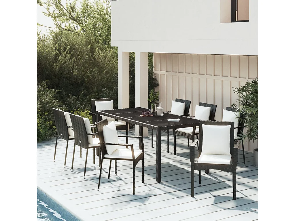 Ensemble à manger jardin 9pcs et coussins noir résine tressée