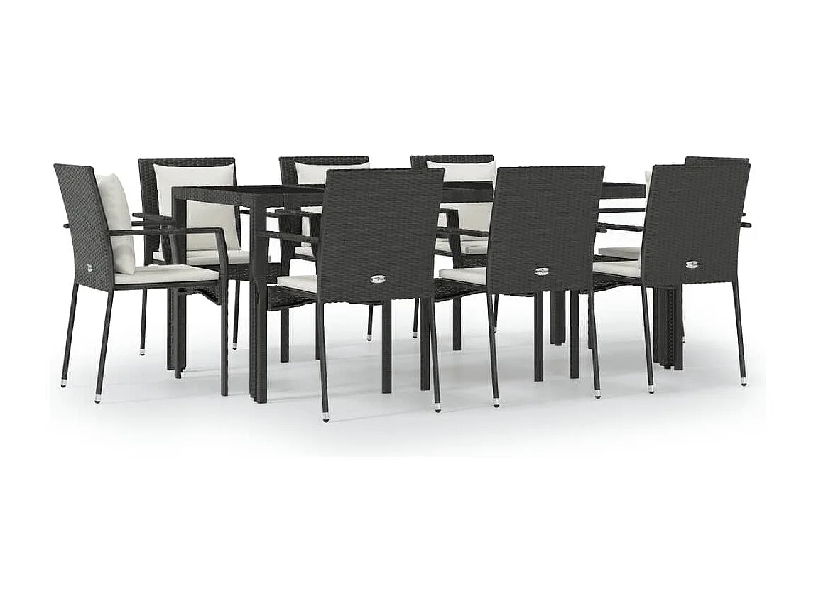 Ensemble à manger jardin 9pcs et coussins noir résine tressée