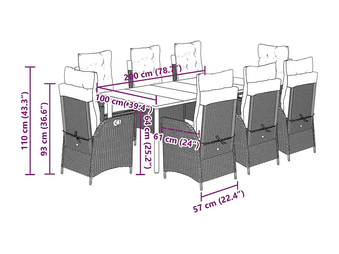 Ensemble à manger de jardin et coussins 9 pcs gris clair rotin