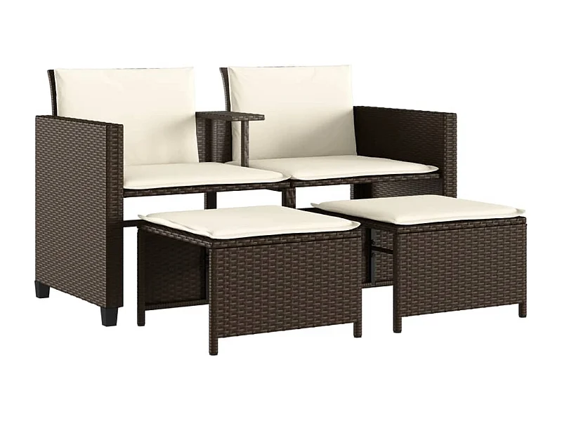 Canapé de jardin 2 places avec table et tabourets marron rotin