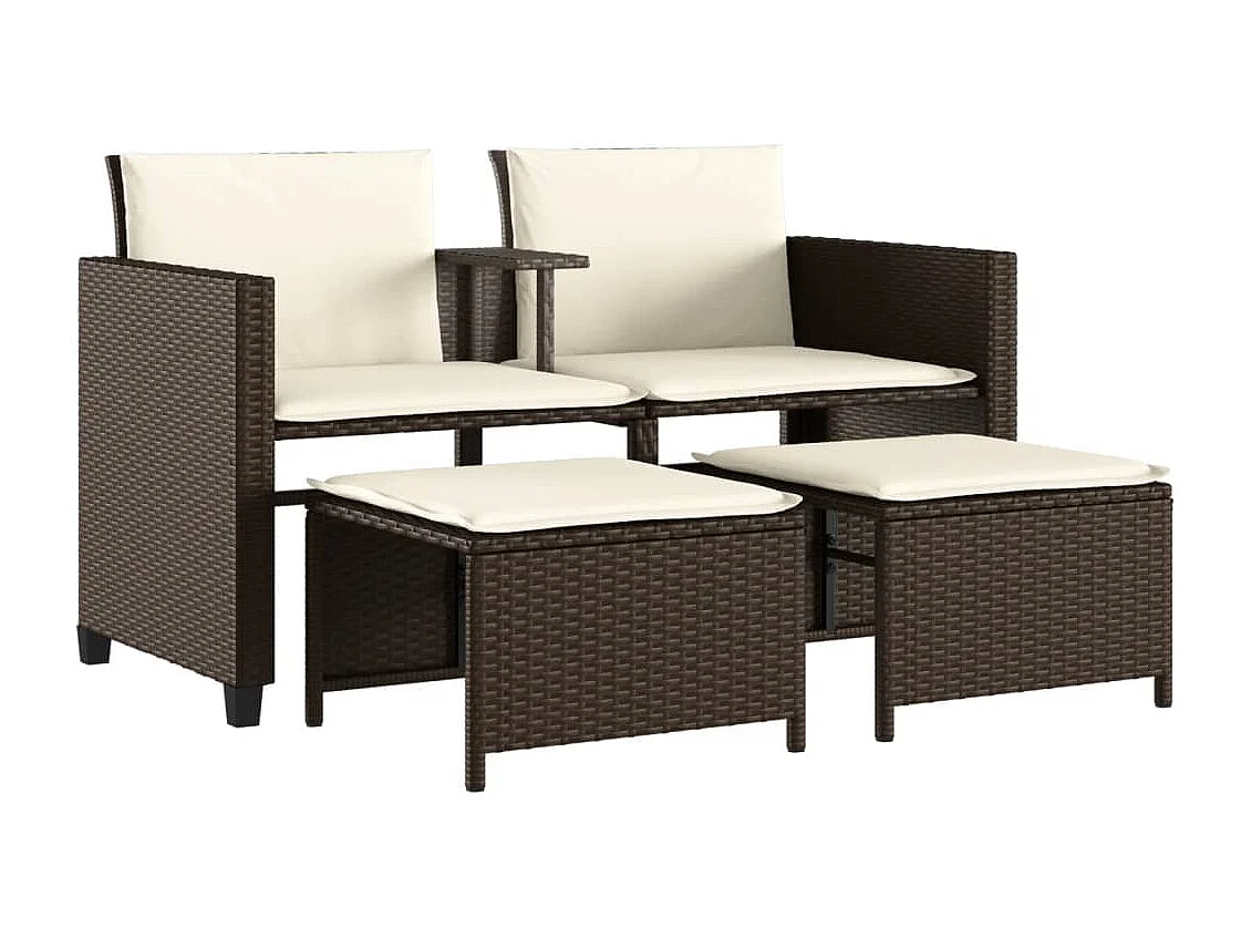 Canapé de jardin 2 places avec table et tabourets marron rotin