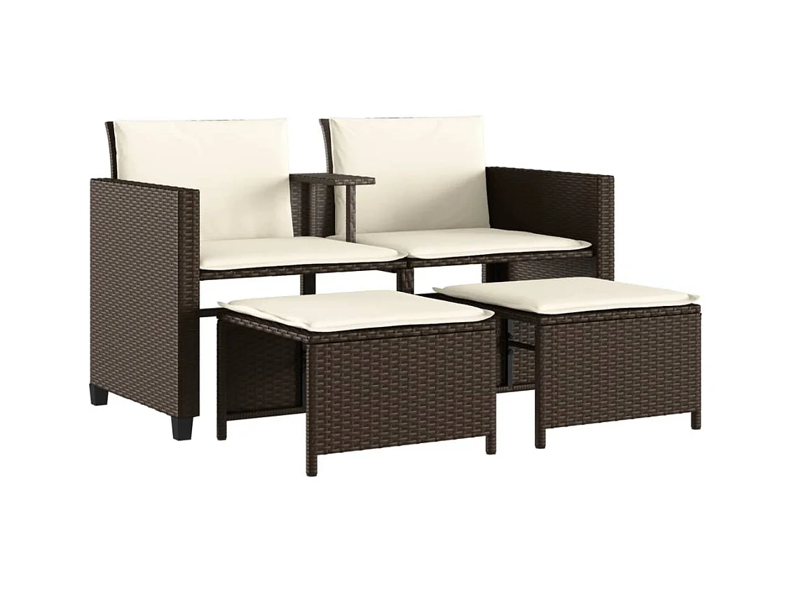Canapé de jardin 2 places avec table et tabourets marron rotin