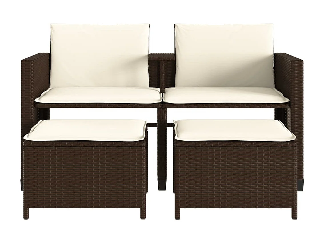 Canapé de jardin 2 places avec table et tabourets marron rotin