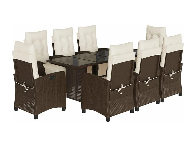 Ensemble à manger de jardin et coussins 9 pcs marron poly rotin