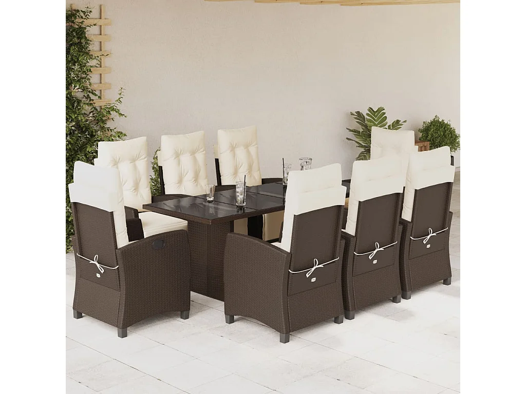 Ensemble à manger de jardin et coussins 9 pcs marron poly rotin