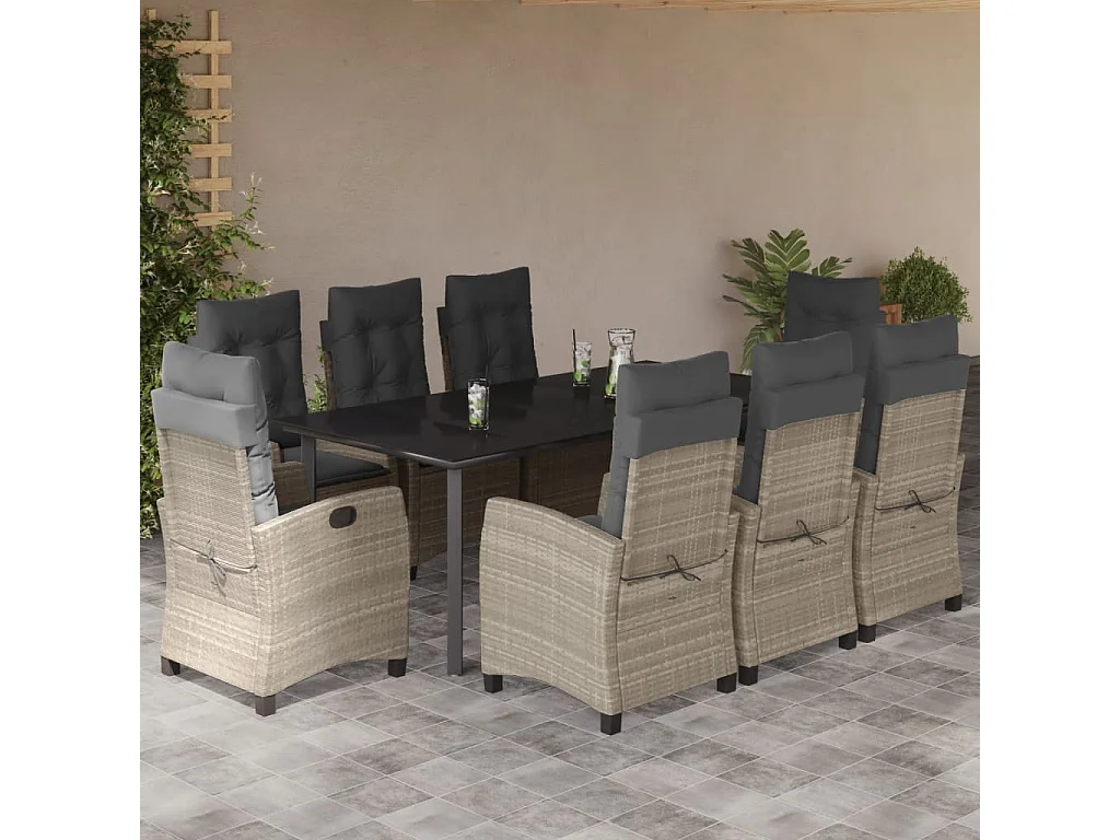 Ensemble à manger de jardin et coussins 9 pcs gris clair rotin