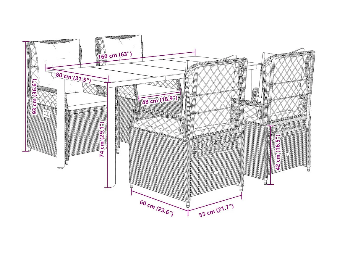Ensemble à manger de jardin et coussins 5 pcs gris clair rotin