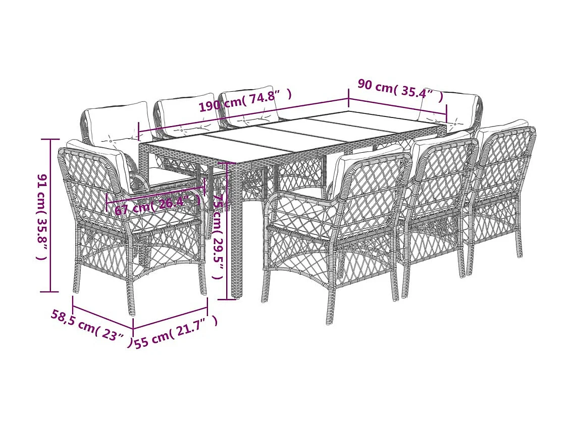 Ensemble à manger de jardin 9 pcs coussins gris résine tressée
