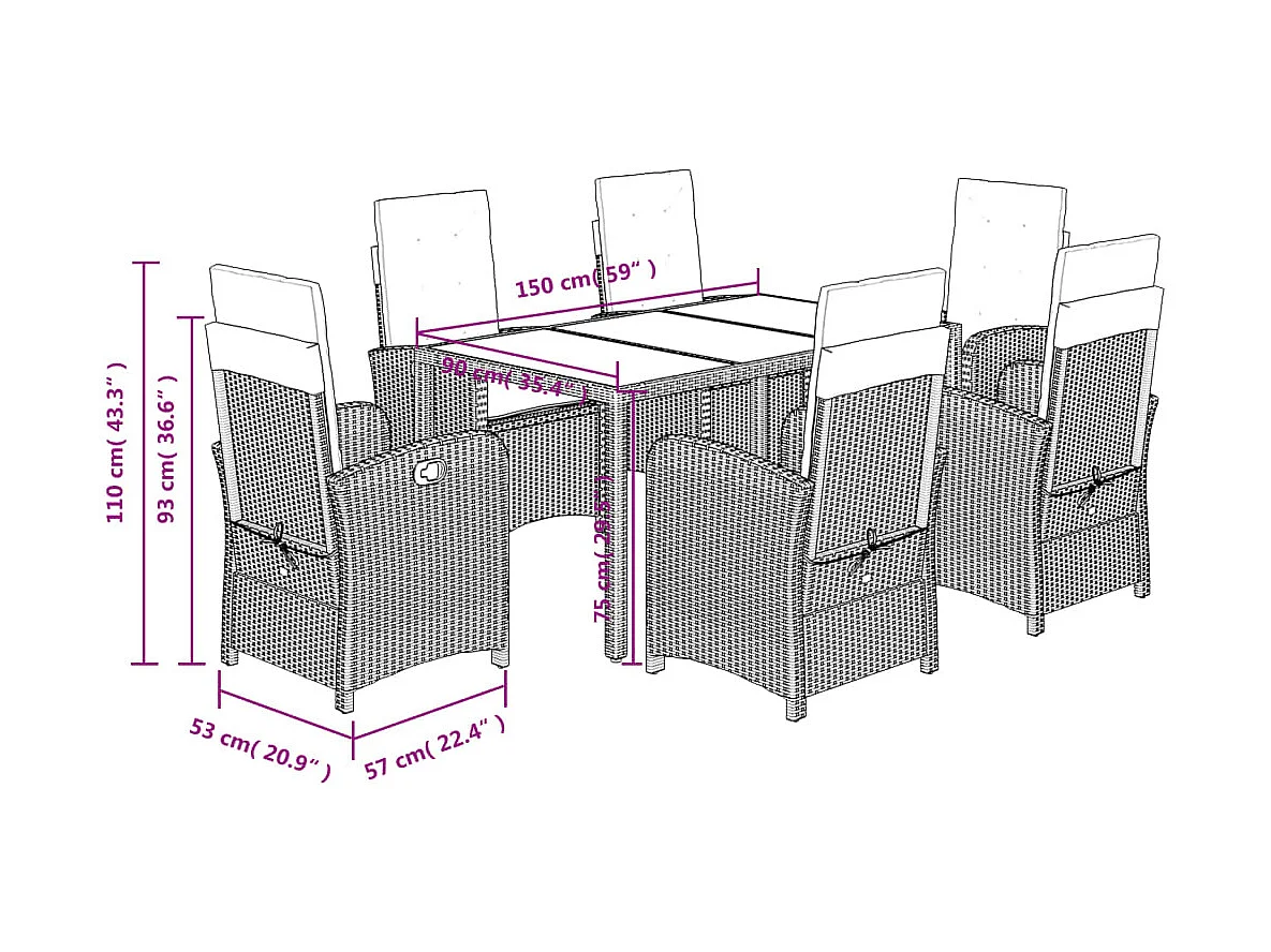 Ensemble à manger de jardin et coussins 7 pcs gris rotin