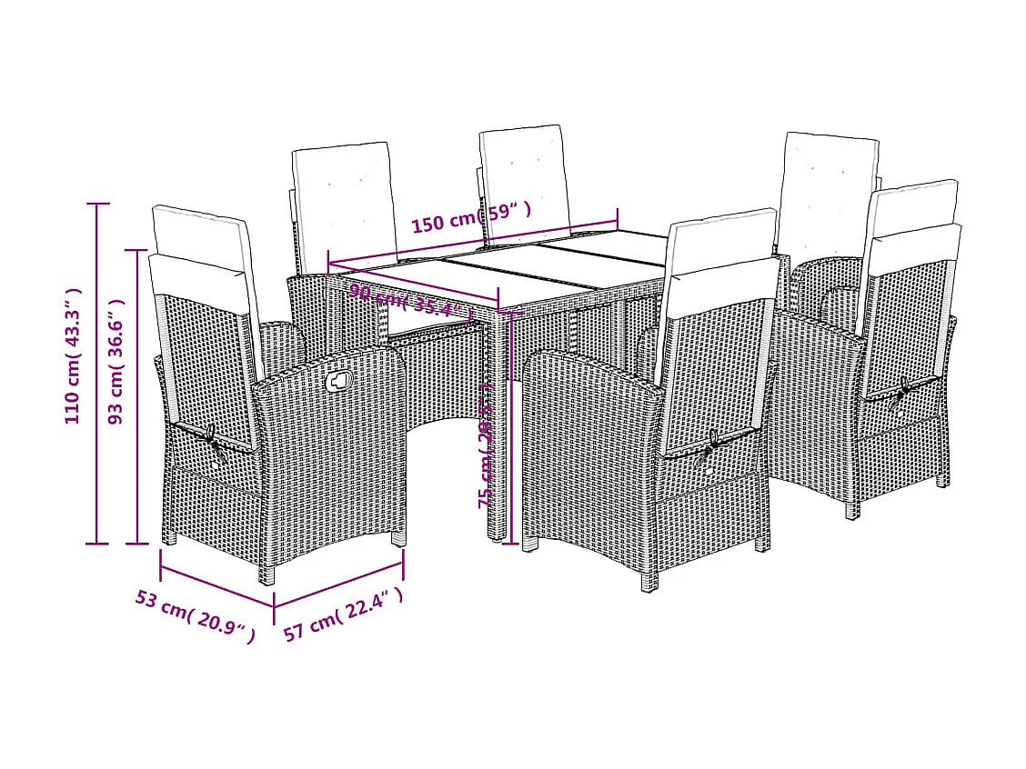 Ensemble à manger de jardin et coussins 7 pcs gris rotin