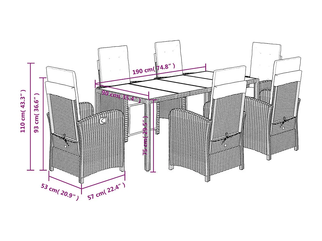 Ensemble à manger de jardin coussins 7pcs Noir Résine tressée