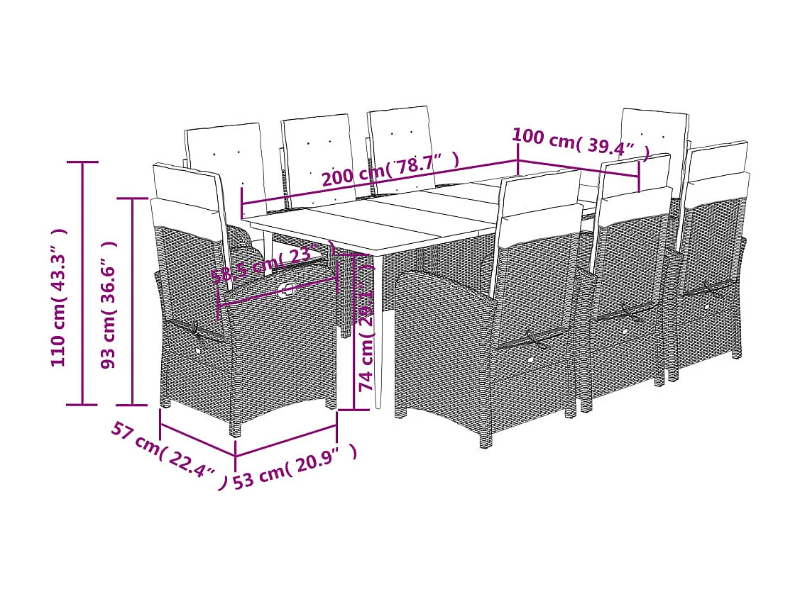 Ensemble à manger de jardin et coussins 9 pcs gris clair rotin