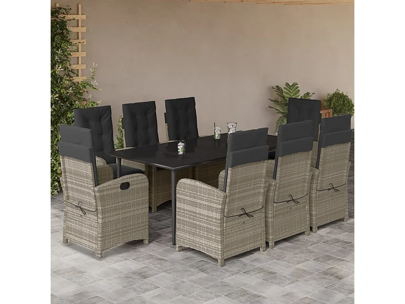 Ensemble à manger de jardin et coussins 9 pcs gris clair rotin