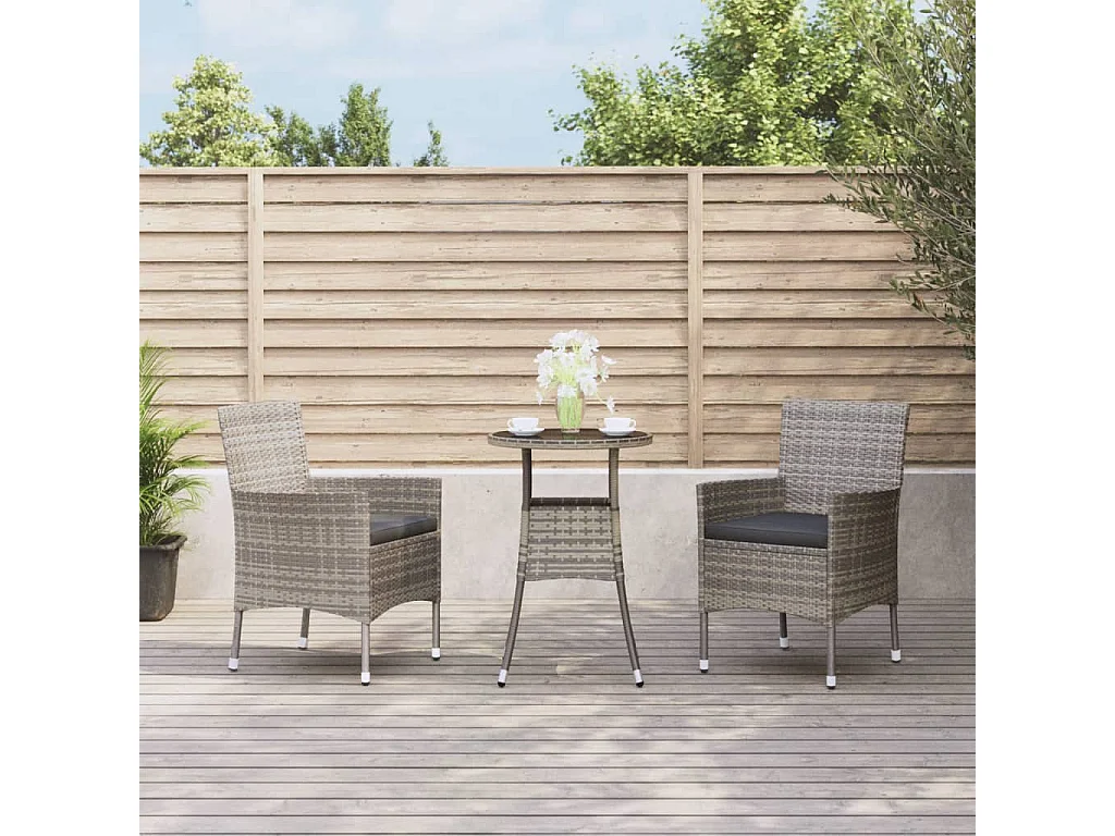 Ensemble de bistro de jardin 3 pcs coussins gris poly rotin