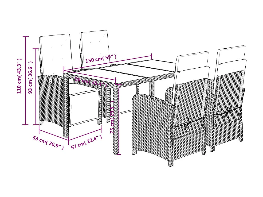 Ensemble à manger de jardin coussins 5pcs Noir Résine tressée
