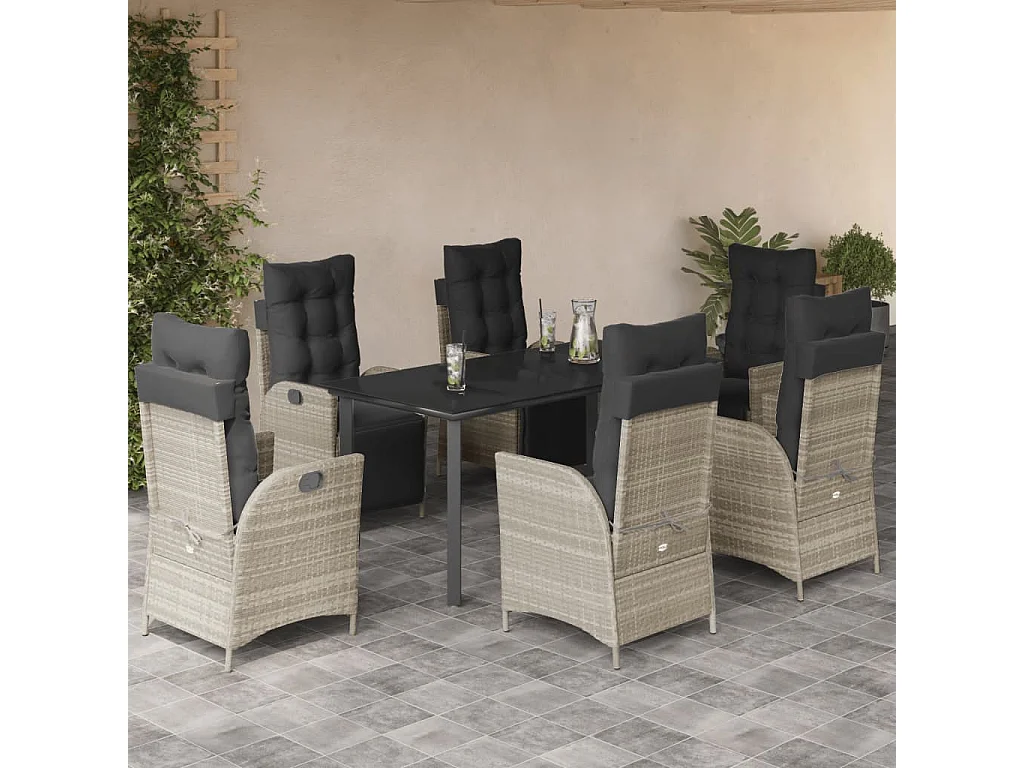 Ensemble à manger de jardin et coussins 7 pcs gris clair rotin