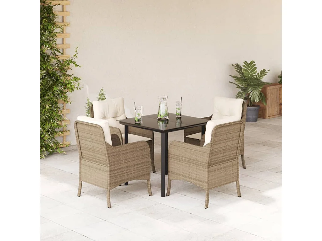 Ensemble à manger de jardin avec coussins 5pcs Beige poly rotin