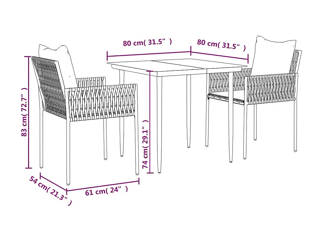Ensemble à manger de jardin 3 pcs coussins résine tressée acier