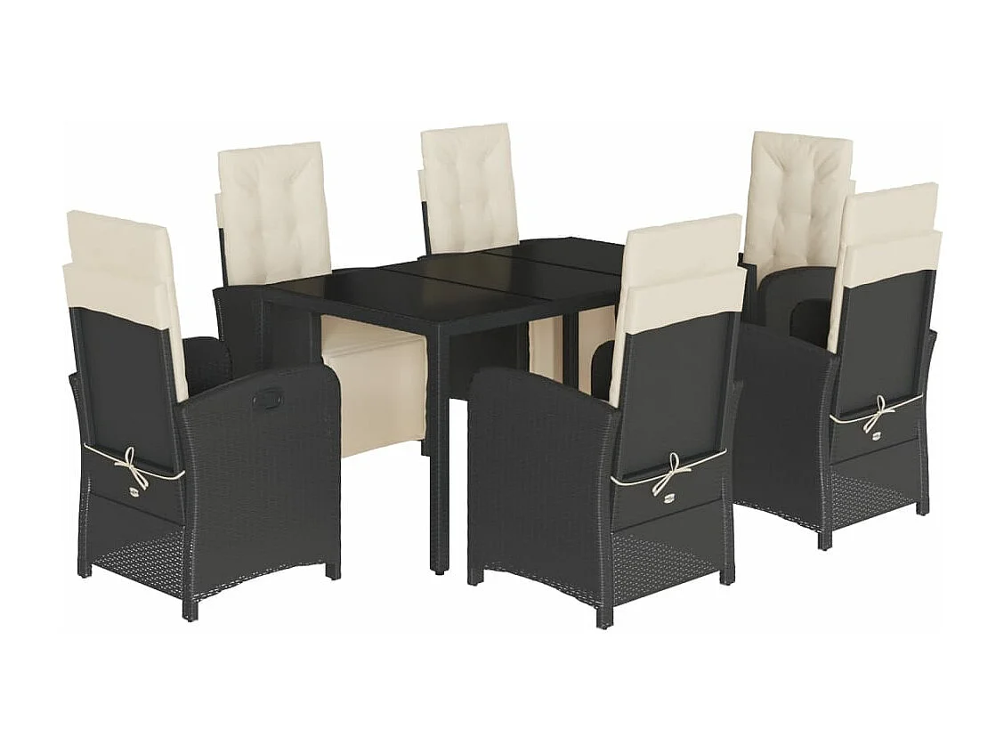 Ensemble à manger de jardin coussins 7pcs Noir Résine tressée