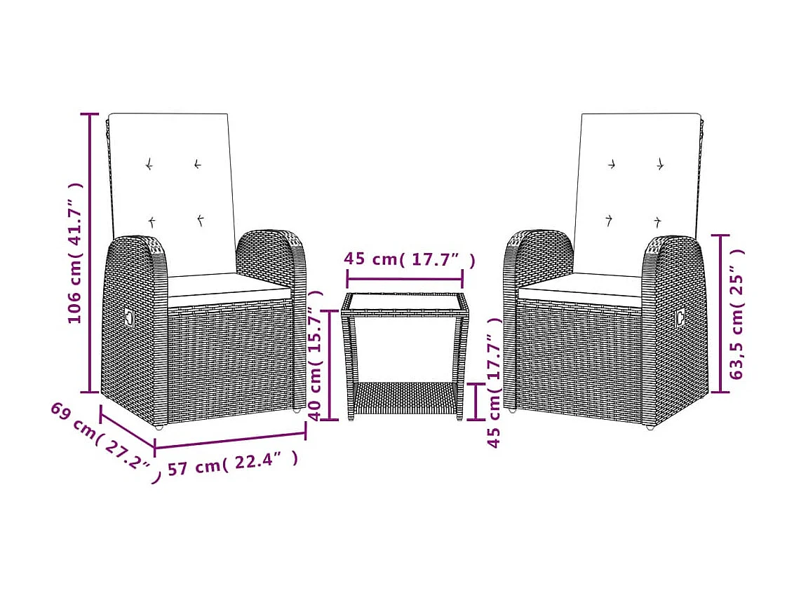 Ensemble à manger de jardin 3 pcs coussins gris résine tressée
