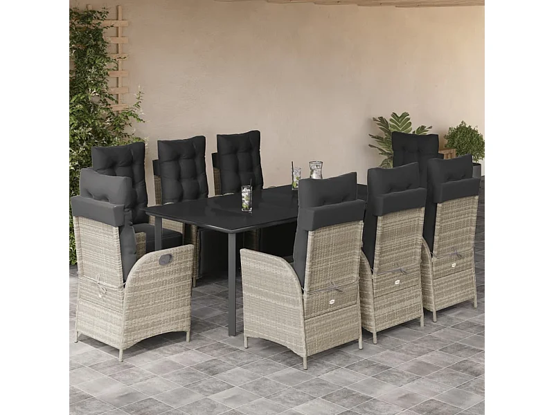 Ensemble à manger de jardin et coussins 9 pcs gris clair rotin