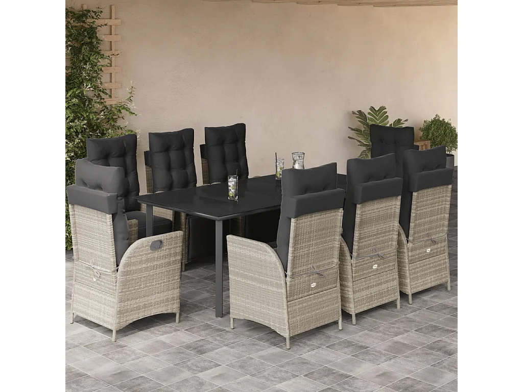 Ensemble à manger de jardin et coussins 9 pcs gris clair rotin