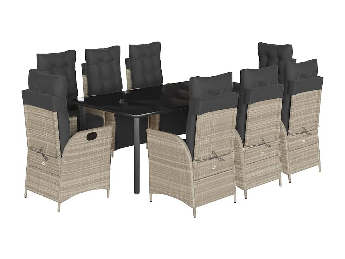 Ensemble à manger de jardin et coussins 9 pcs gris clair rotin