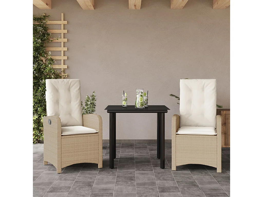 Ensemble à manger de jardin et coussins 3 pcs Beige poly rotin