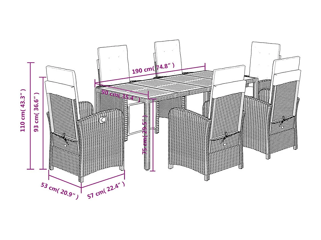 Ensemble à manger de jardin et coussins 7 pcs gris rotin