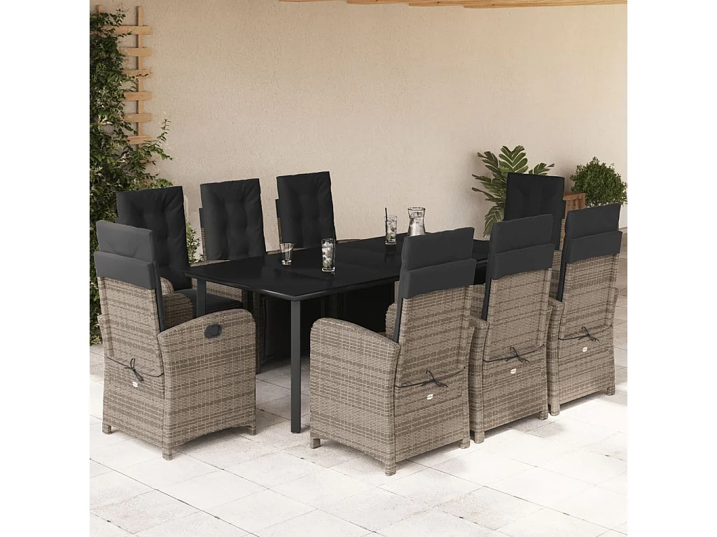 Ensemble à manger de jardin 9 pcs coussins gris résine tressée