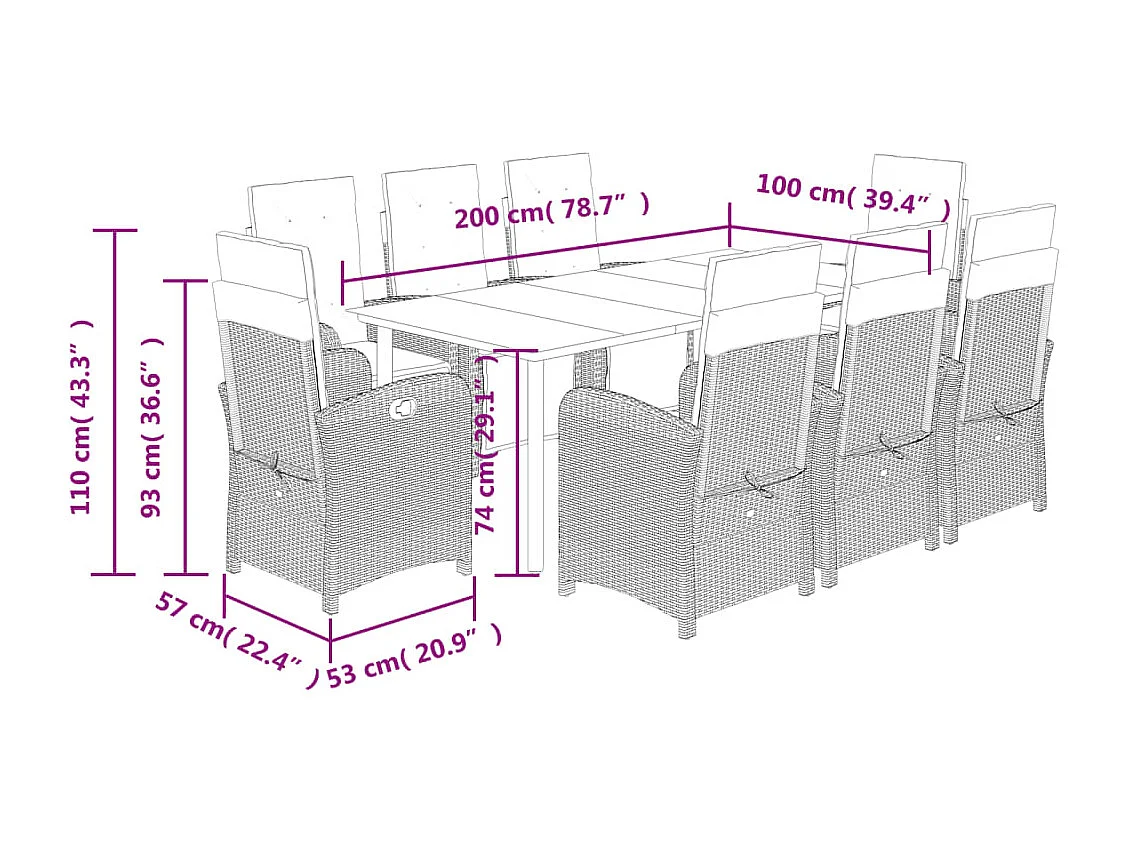 Ensemble à manger de jardin 9 pcs coussins gris résine tressée