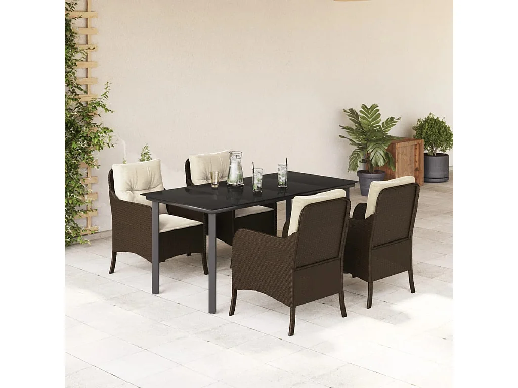 Ensemble à manger de jardin 5 pcs et coussins marron poly rotin
