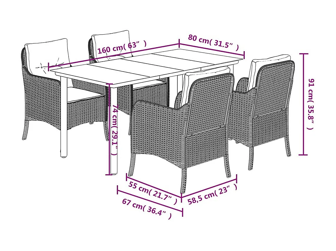 Ensemble à manger de jardin 5 pcs et coussins marron poly rotin