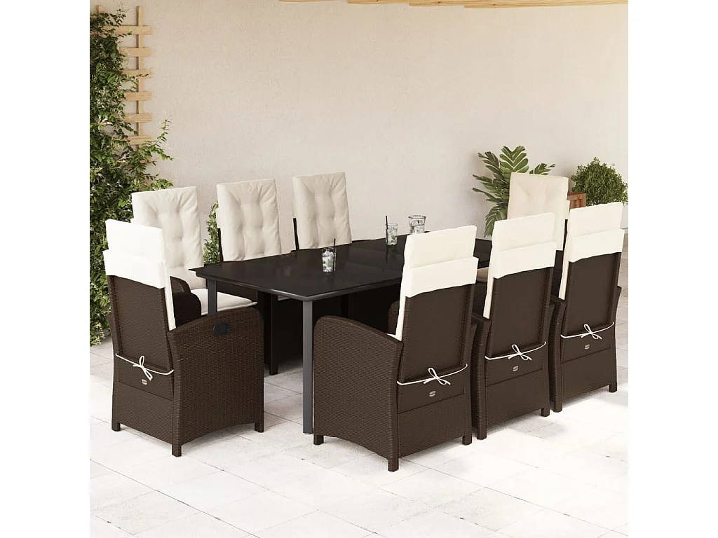 Ensemble à manger de jardin et coussins 9 pcs marron poly rotin