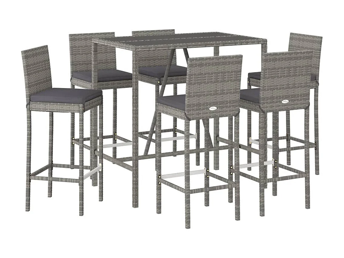 Ensemble de bar de jardin 7 pcs avec coussins gris poly rotin