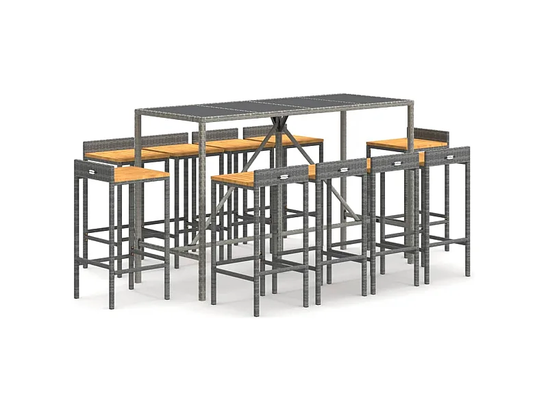 Ensemble de bar jardin 11pcs gris poly rotin-bois massif acacia