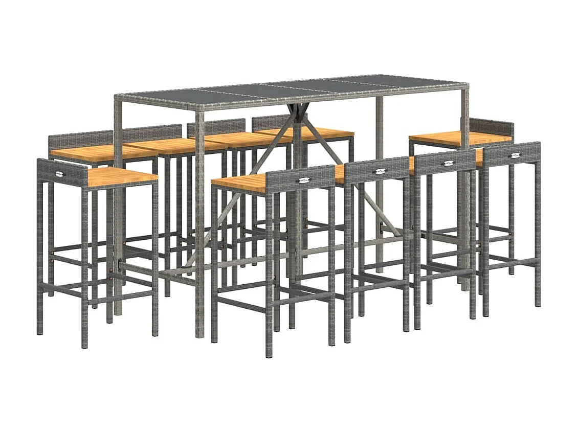 Ensemble de bar jardin 11pcs gris poly rotin-bois massif acacia