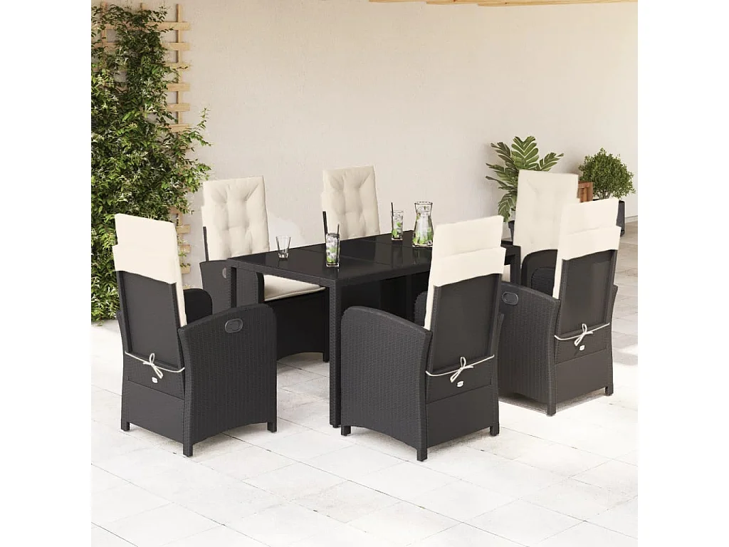 Ensemble à manger de jardin coussins 7pcs Noir Résine tressée